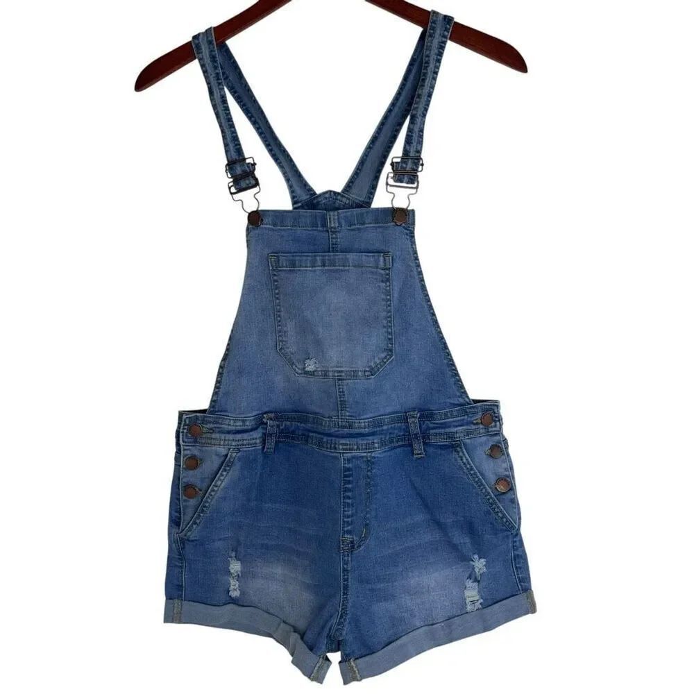 Encore Juniors Distressed Stretch Cuffed Denim Shortalls Mid Wash Blue Size 11